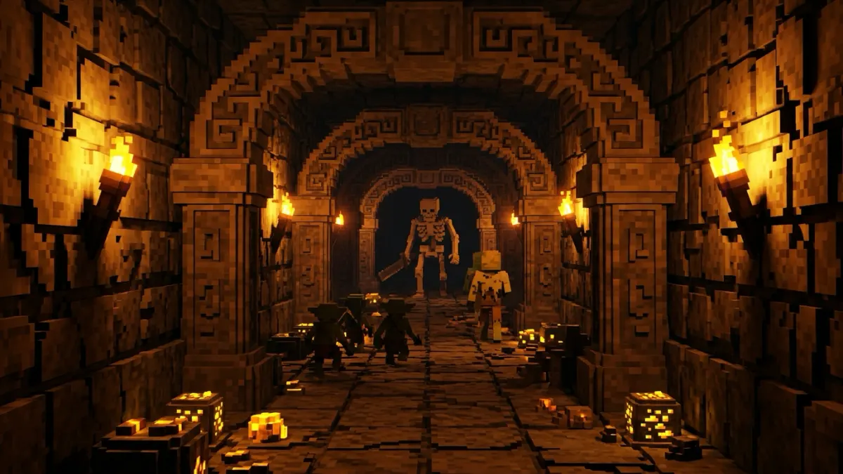 Decorative illustration of a torch-lit dungeon corridor with ore chunks on the floor (AI-generated, not a game screenshot)