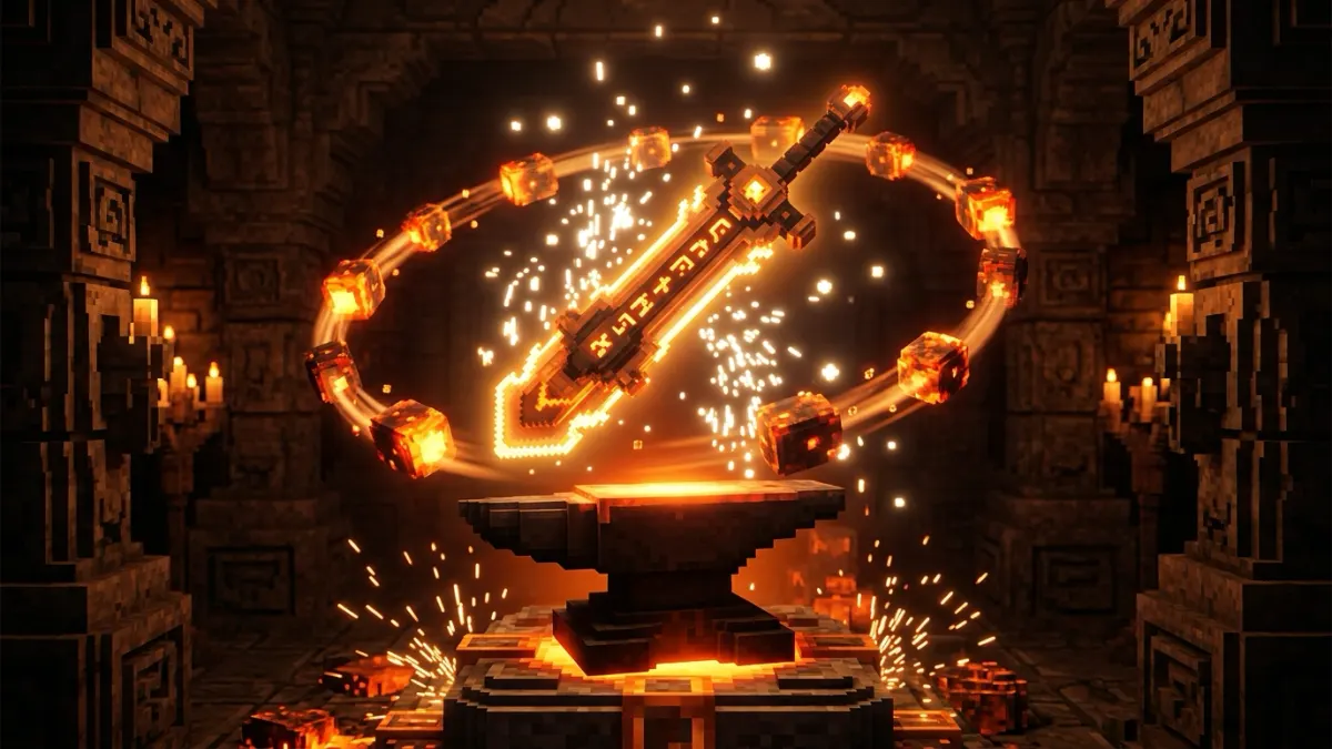 Decorative illustration of a glowing greatsword above an anvil ringed by ember stones (AI-generated, not a game screenshot)