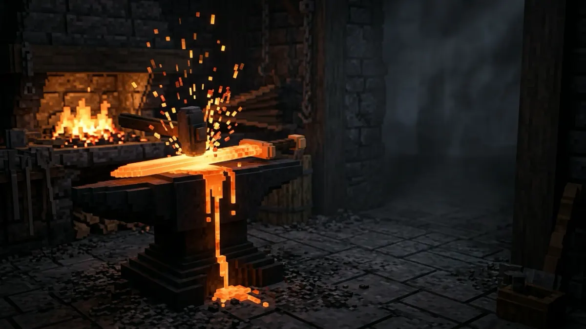 Decorative illustration of a sword glowing on an anvil (AI-generated, not a game screenshot)