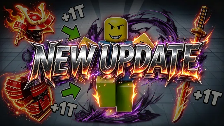 Official NEW UPDATE event banner with samurai armor and a flaming sword