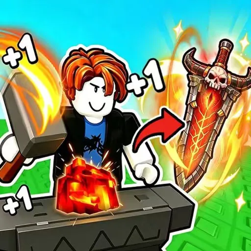 Official game icon: a Roblox avatar hammering a glowing ore into a horned skull sword