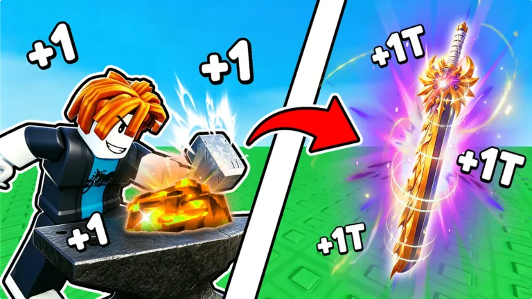 Official game thumbnail: a Roblox avatar hammers glowing ore on an anvil and turns it into a golden sword