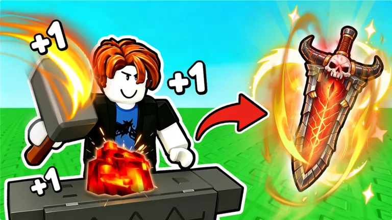 Official game thumbnail: forging a red ore into a horned skull sword